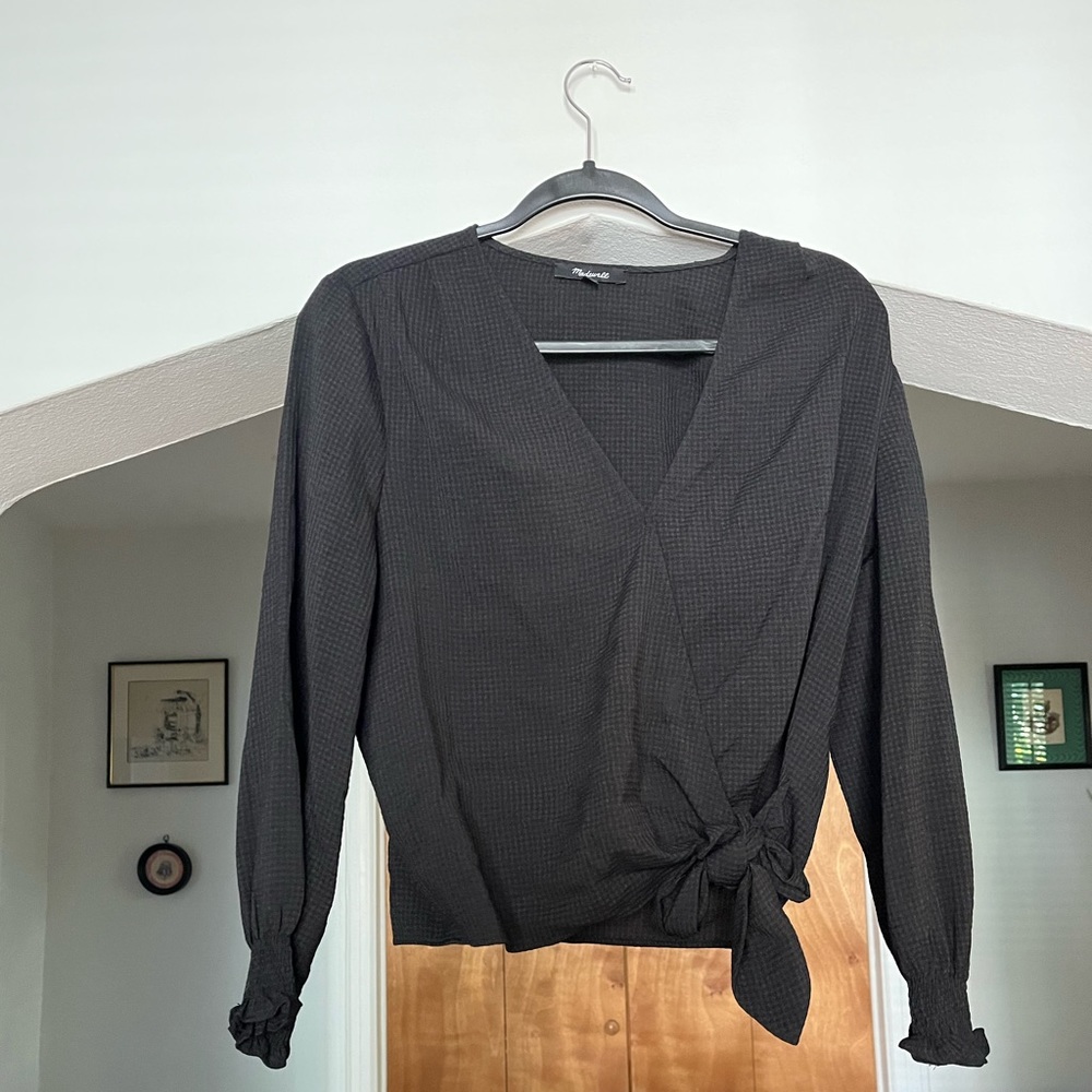 Madewell Black Waffle Texture Long Sleeve Faux Wrap Shirt ~Small~